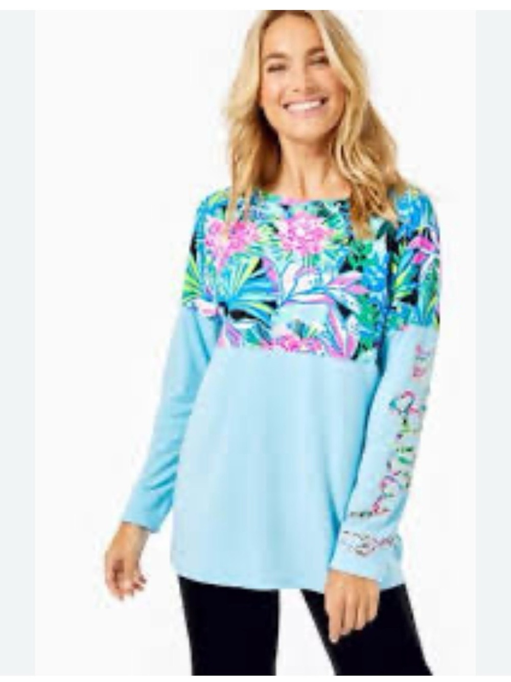Lilly Pulitzer Long Sleeve Top Size XS Floral Trim Cotton Blend Blue